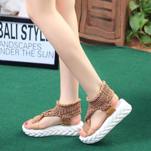 Fashion Design Women Platform Sandal Hand Woven Sexy Summer Creeper Thick Heel Flat Shoes Zapatos Mujer Female Platform Slippers