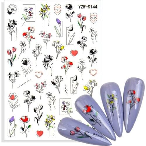 1pcs Nail Stickers Floral Geometric Nail Art Decals Adhesive Sliders Wrap Black Flower Leaves DIY Manicures Decoration For Nails