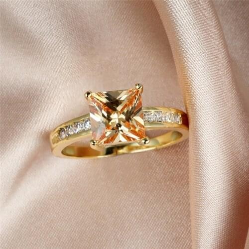 Champagne Zircon Square Stone Engagement Rings For Women Wedding Jewelry Vintage Fashion Yellow Gold Ring Female Birthday Gifts