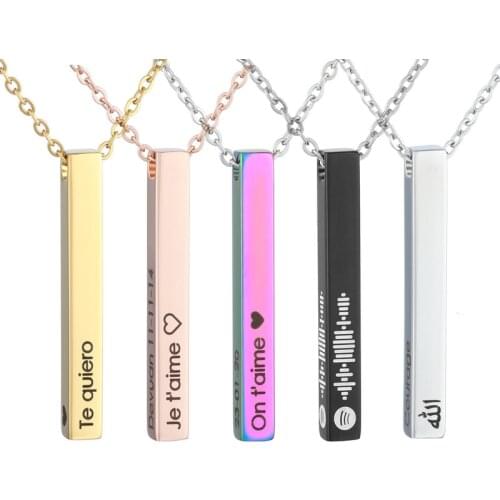 Four Sides Engraving Personalized Square Bar Custom Name Necklace Stainless Steel Pendant Necklace Women/Men Gift MNE180014