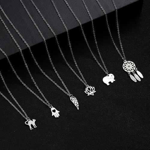Charm Stainless Steel Cat Lotus Dream Catcher Women Necklace Thin Angel Wings Elephant Pendant Chain Girls Couple Jewelry Gift