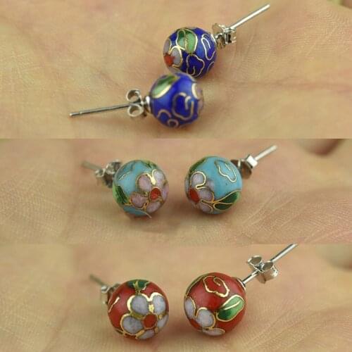Polished Fancy Enamel 8mm Round Bead Stud Earrings Cloisonne Filigree Colorful 925 Silver Needle Ear Nails Ladies Accessories
