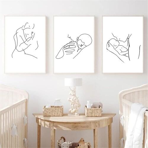 Family Portrait Mom Baby Line Art Painting Abstract Drawing Canvas Poster Minimalist Wall Art Print Pictures Nursery Home Decor