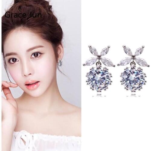 GRACE JUN New Style Bow Clip on Earrings Party Wedding Luxury Fashion AAA CZ Clip on Earrings No Pierced Charm Jewelry Wholesale