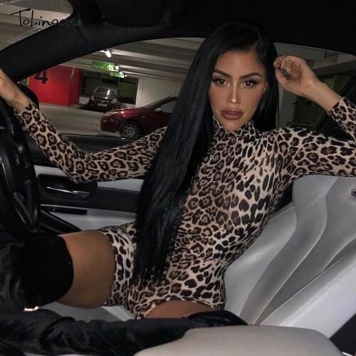 Tobinoone Long Sleeve Sexy Leopard Print Women Playsuit Slim Turtle Neck Bodycon Bodysuit One Piece 2020 Autumn Romper Catsuit