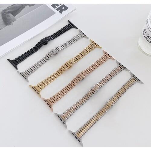 Slim Stainless Steel Watch Band For Apple Watch Series 6 Butterfly Buckle Seven Beads Watch Strap 애플 워치 시리즈