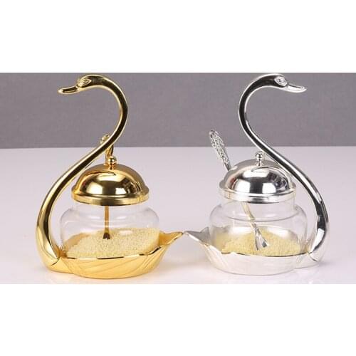 Unique Swan Jars European Style Gold Silver Finish Metal Glass Salt/Sugar/Tea/Coffee Jar Tableware Dinnerware Home Table Decor