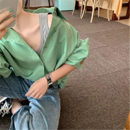 2021 Korean Fashion Blouses Shirts Women Loose Solid Vintage Oversize Simple Green White Femme Fashion Streetwear New ZY5622