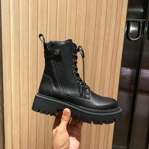 Button Cross-tied Zipper Platform Boots Women Solid Round Toe Pu Knight Riding Bottes Ins Celebrity Elevated Motorcycle Botines