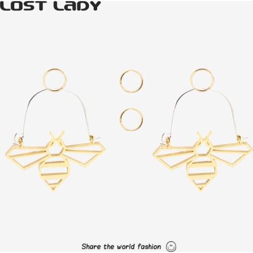 Lost Lady Fashion Hollow Bee Dangle Drop Earrings Gold Color Statement Cute Earrings for Women Retro Jewelry Accessories
