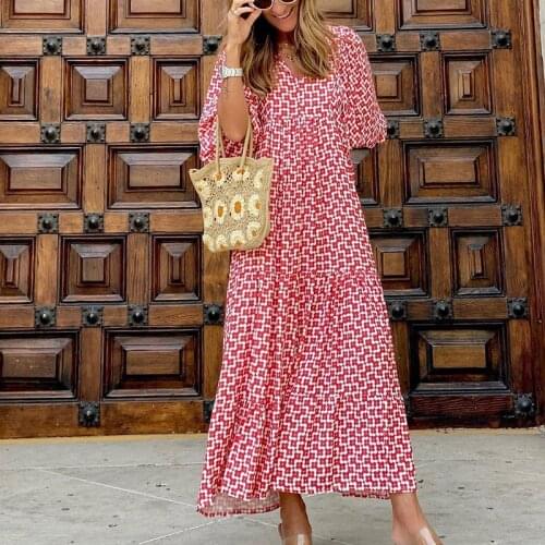 Autumn Vintage Prints Long Dress Womens Spring Casual Loose Half Sleeve Dress Elegant V-Neck Drawstring Party Dresses For Ladies