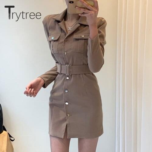 Trytree 2020 Autumn Winter Women Casual Dress Turn-down Collar Single Breasted Pockets Belt 5 Colour Slim fit Fashion Mini Dress