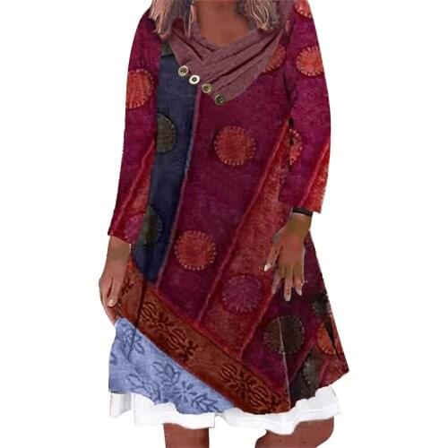 Womens Loose Button Dress Fake Two Piece Pile Collar Flower Print Dress Long Sleeve Mini Dress Sukienki Damskie #G3