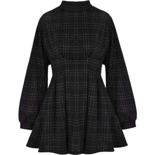 2021 Spring Women Vintage Mini Dress Long Sleeve Plaid A-lined Punk Style Gothic Dresses for Goth Girls Female Retro High Waist