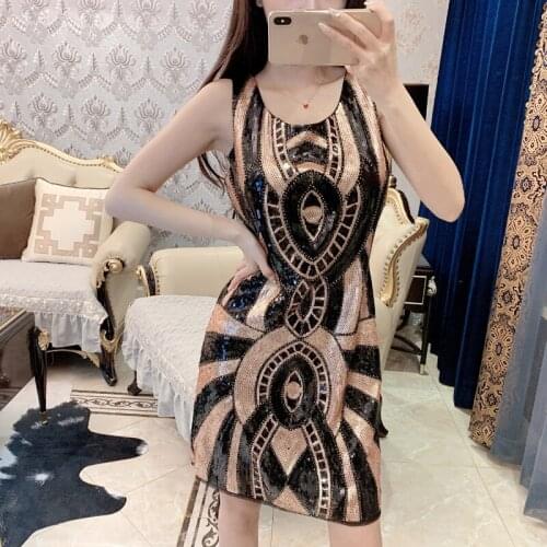 Summer Vintage A-line Geometric Sleeveless Fashion Casual Elegant Sexy Round Neck Club Cocktail Party Women Sequin Dress