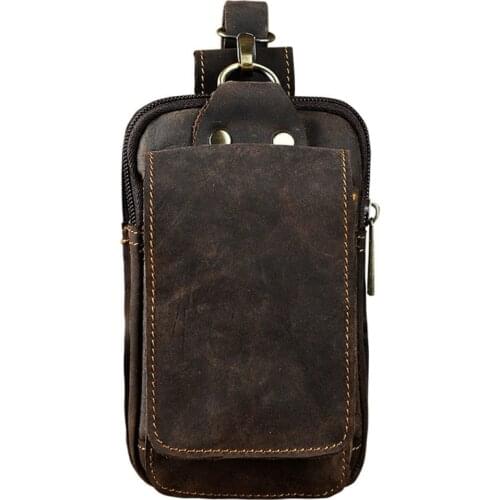 066F Men Casual Design Small Waist Bag Cowhide Fashion Hook Bum Bag Waist Belt Pack Cigarette Case 5.5" Phone Pouch