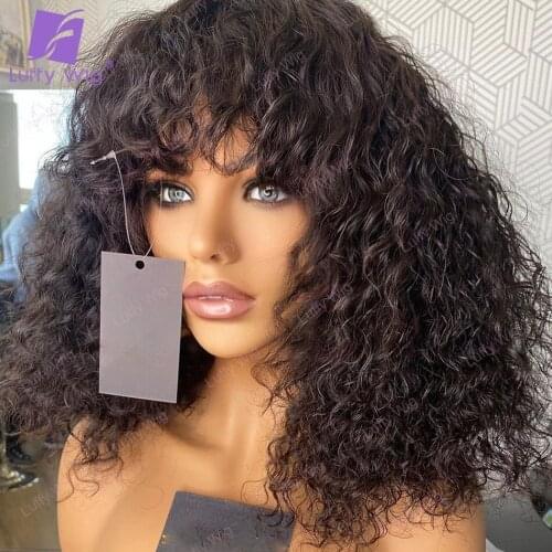 200 Density Loose Curly Human Hair Wigs Brazilian Remy Human Hair O Scalp Top Wig With Bangs Glueless For Black Women Luffywig