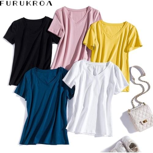 2021 Women Summer Loose T-Shirt Solid Cotton V-neck Short Sleeve Female Casual Oversized Breathable Clothing Top Tee Shirt X796B