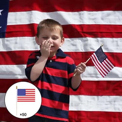 50Pieces - USA 4x6 in Wooden Stick Flag - July 4th Decoration, Veteran Party, Grave Marker, etc. - HandHeld American Flag