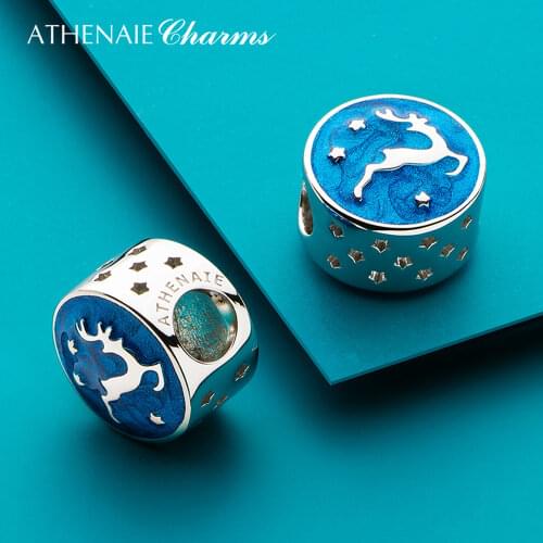 ATHENAIE 925 Sterling Silver Blue Enamel Jumping Reindeer Charm for Bracelet Necklace DIY Jewelry Christmas Gift