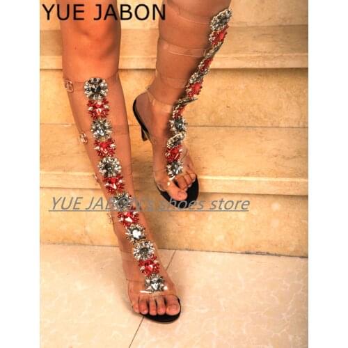 Summer Thin heels Sandal Gladiator Red Rhinestone Knee High Buckle Strap Woman Boots Crystal Beach Shoes Sandalias Plus size 43