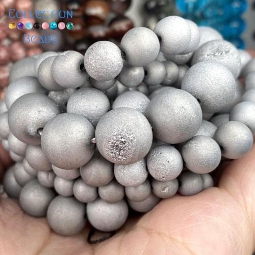 Natural Stone Sliver Plated Druzy Agates Beads Loose Spacer Round For Jewelry Making 6-12MM DIY Bracelet Accessories Wholesale