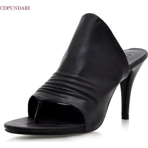 Black White High Heels Slippers Women Summer Pleated Flip Flop Party Shoes Woman Big Size Stiletto