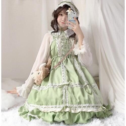 Cos Loli JSK Shoulder-Strapes Lace Dress Lolita Japanese Mori Girl Cute Kawaii Retro Gothic Princess Tea Party Dress Cos