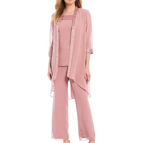 Suits Mid Rise Straight-leg Women Lace Trim Chiffon Top Pants for Wedding Party