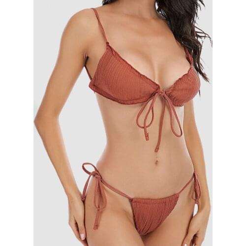 Summer Women Hot Sexy Swimsuit Spaghetti Strap Bandage Two Piece Solid Padded Wireless Backless Swimwear Triangular Bikini