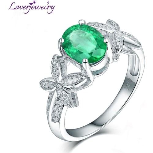 LOVERJEWELRY Female Rings Natural Green Emerald Engagement Wedding Diamonds Ring 18K White Gold Oval 6x8mm Gemstone Jewelry