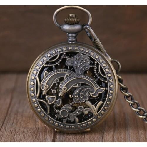 Bronze steampunk mechanical pocket watch men and women classic Roman numerals hollow jewelry pocket watch + gift box