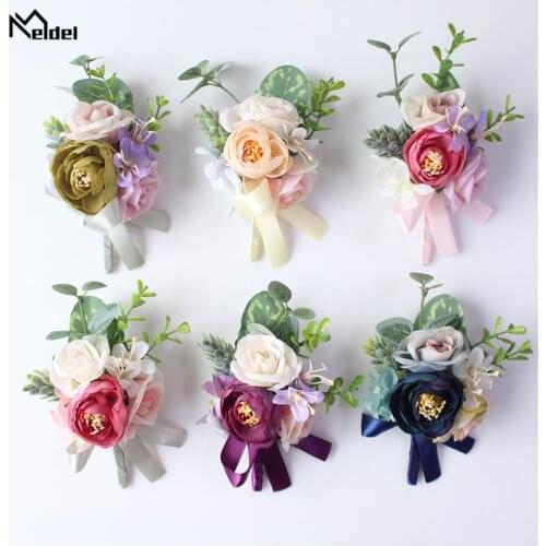 Meldel Men Corsage Groom Boutonniere Pin Bridal Wrist Corsage Champagne Blue Bridesmaid Bracelet Wedding Rose Flower Accessories