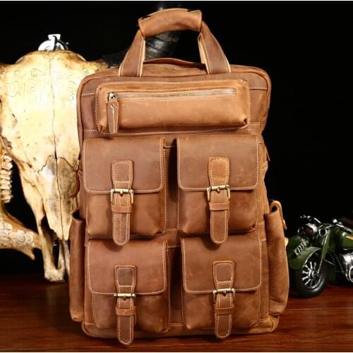 Retro Mens Backpack ,Fashion Trend,Leather Outdoor Backpack ,Multi Pocket,Crazy Horse Leather Mens Bag