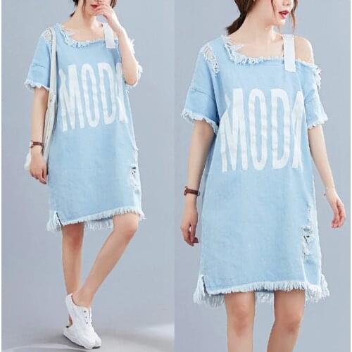 New Summer Style Women Dresses Plus Size Tassel Hole Dew Shoulder Strap Loose Casual Jeans Dress For Female Slim Denim One-Piece