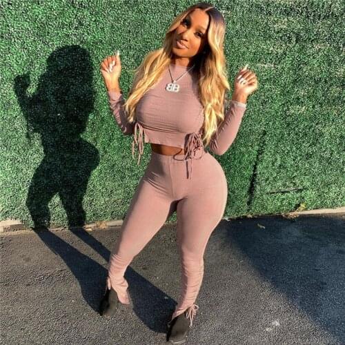 Ribbed Knitted Solid Two Piece Sets Women 2020 Autumn Drawstring Crop Tops+Stretchy Ruched Side Slit Leggings Hot Outfits
