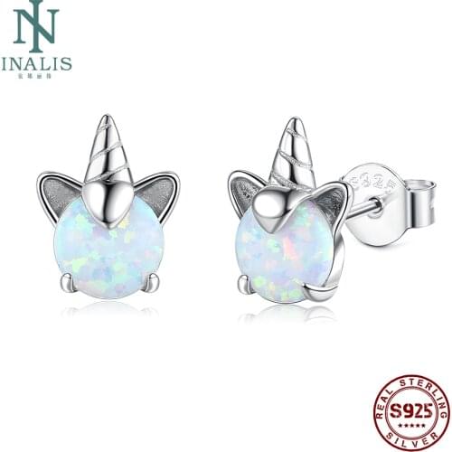 INALIS 100% 925 Sterling Silver Unicorn Opal Stud Earrings For Women Wedding Small Earring Fine Anniversary Jewelry Recommend