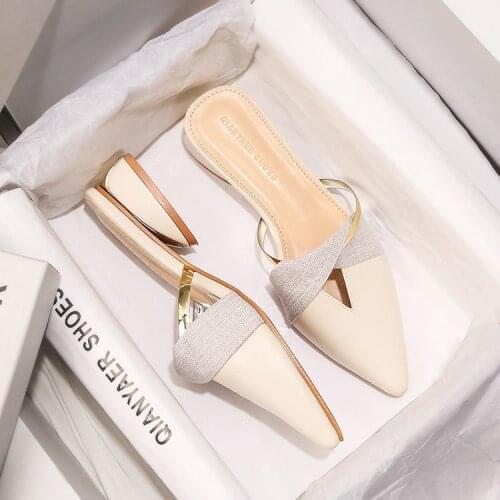 2021Low Heel Women Mules Summer Sexy Pointed-Toe Ladies Slippers Slip on Leisure Ladies Office Shoes Beige Pumps Female