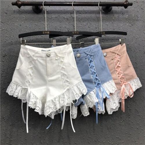 Womens new summer shorts fashion stitching ruffled lace high waist casual shorts women trendy
