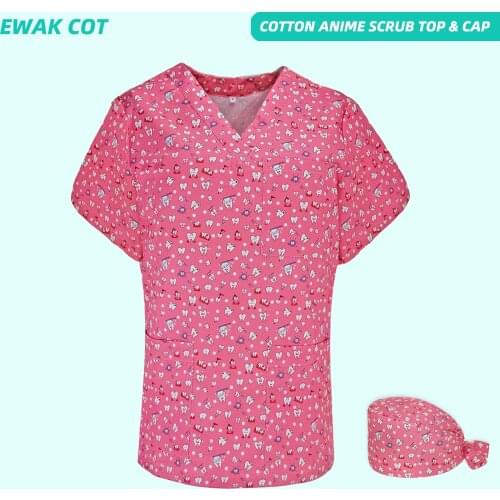 Women Men Scrubs Tops Hospital Working Uniforms Cotton Tooth Printed Short Sleeve V-Neck Clothing Doctor Nurse Medical Scrub Top