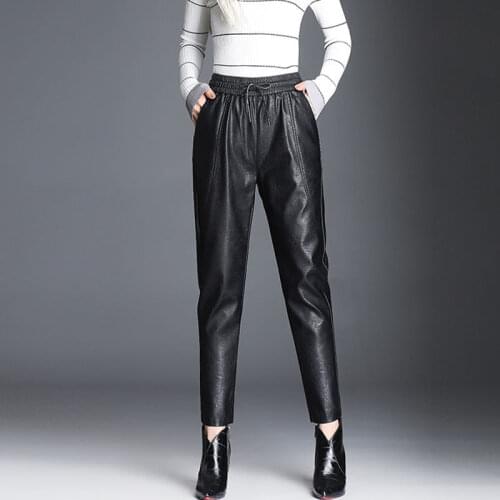 Skinny Imitation Leather Pants Womens Close-fitting Faux Sheepskin Leather Pants OL Show Slim Leggings Pencil PU Pants Of Boots