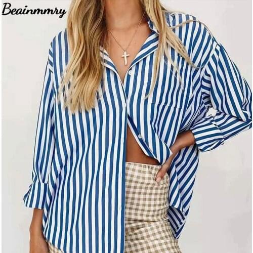 2021 Women Long Sleeve Striped Shirt Blouses Office Ladies Turn Down Collar Pockets Single Breasted Chic Shirt Top Spring Autumn