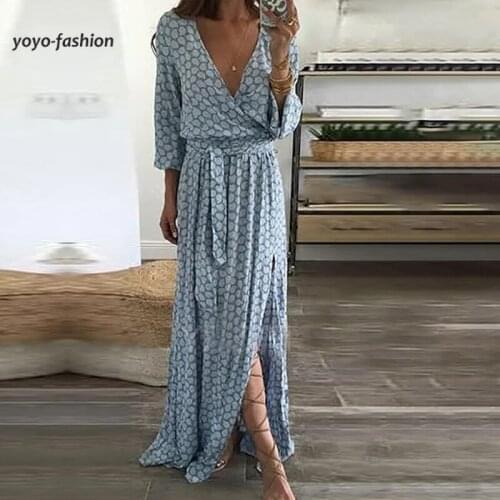 Female Elegant Party Clothing Sexy V-Neck Long Fashion Dress For Women Casual Long Sleeve Split Wave Point Print Split Dresses