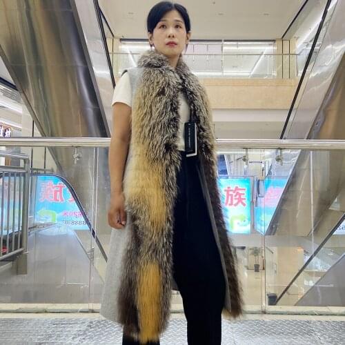 Silver Fox Fur Vest Women Real Fur Gilet Winter Wool Blend Waistcoat High Quality Knee-Length Sleeveless Coat