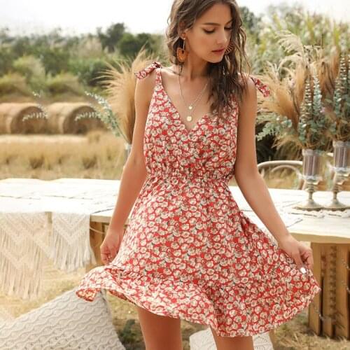 Summer Fashion Sexy Deep V Neck Sleeveless Dress 2021 Women Spaghetti Strap Floral Print Mini Beach Party Boho Dresses Femme