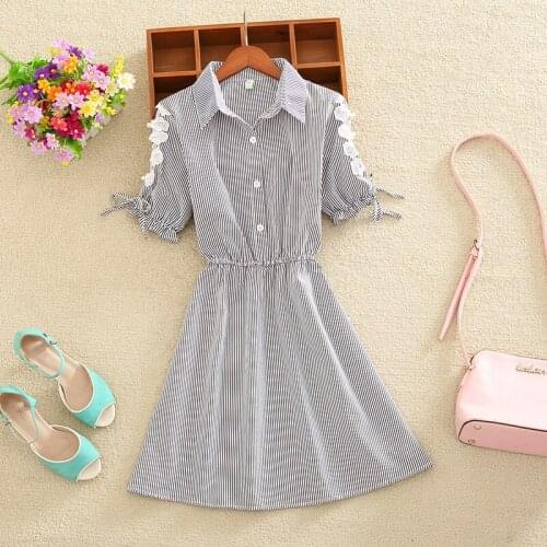 2021 New Summer Women Short Sleeve Slim Mini Dress Korean Fashion Beading Hollow Out Lace Patchwork Striped Shirt Dress