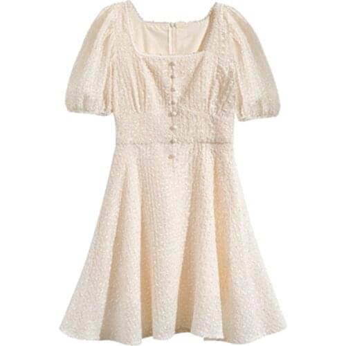 PERHAPS U Beige Solid Short Sleeve Mini Dress Slash Neck Button Summer Women Female D1778