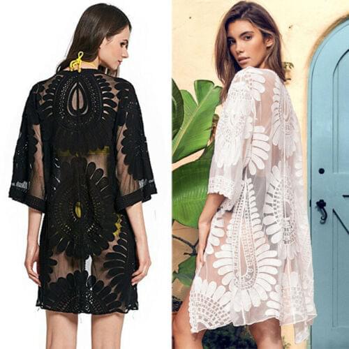 Bikini 2020 Women beach cover up Embroidery Half Sleeve Chiffon Kimono Cardigan Cover-Ups Tops Black White beach Wear