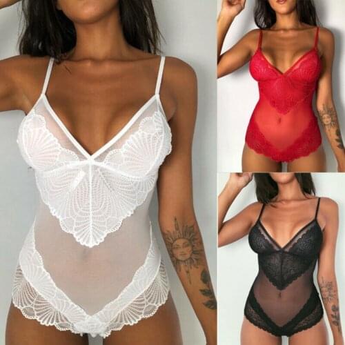Women Sexy Sleeveless Lingerie Babydoll V-Neck Lace Ruffles See-Through Bodysuits Sleepwear Nightwear Erotic Sex Costume 2021
