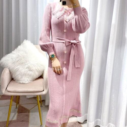 2020 winter new elegant pure color Princess collar high waist buttocks knitted dress Fairy Dress